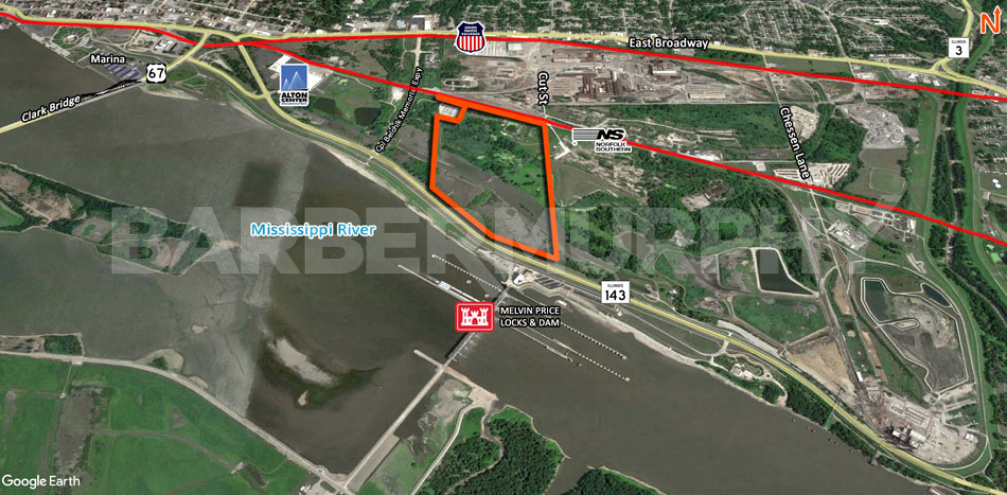 Area map of 120 Acre Industrial Site on Cut St in Alton Illinois.