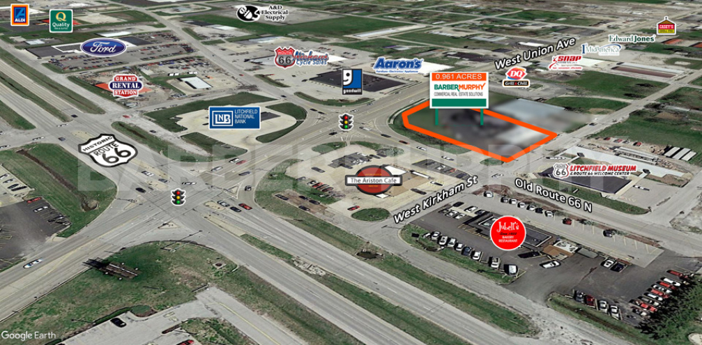 Aerial Image of redevelopment site at the corner of  Old Route 66 and W Union Avenue in Litchfield