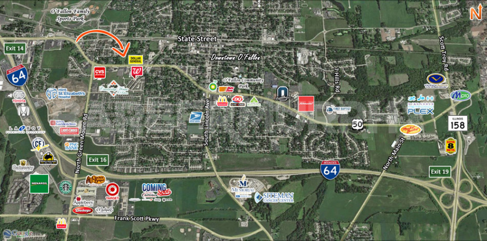 Expanded Area Map for 1.34 Acre Development Site located at 702 West Highway 50, O'Fallon, Illinois 62269
