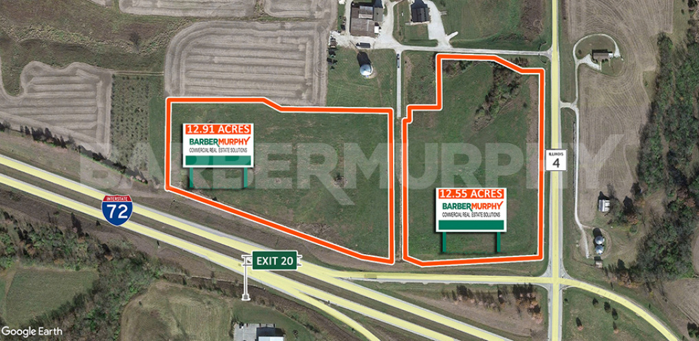 Aerial of two land parcels for sale off Interstate 72, Exit 20, Barry, IL