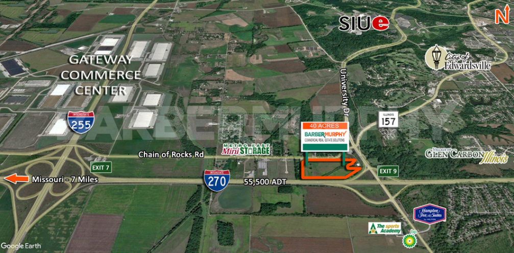 Area Map of 40 Acre Development Site with Interstate Frontage on I-270, Chain of Rocks Road, Edwardsville, Illinois 62025, Madison County