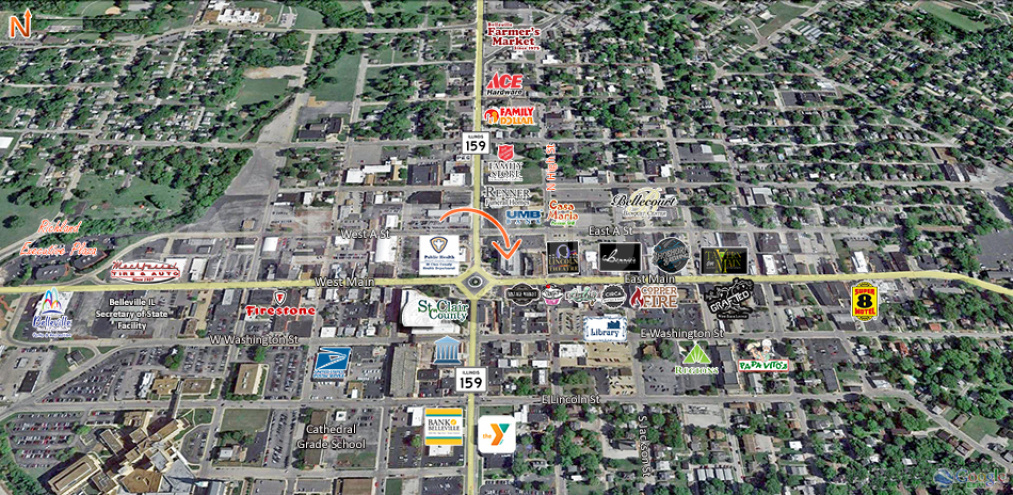 Extended Aerial of Class A Office Building with Space for Lease in Downtown Belleville, IL