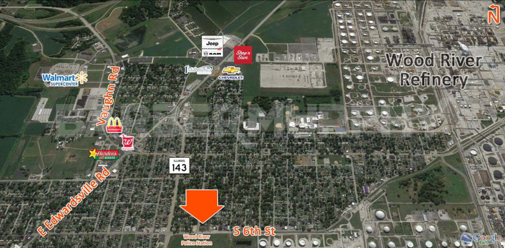 Expanded Aerial Overview of 5.8K SF Office Building for Sale or Lease directly across from new Wood River Police Station - 203 S 6th St, Wood River, IL 62095, Madison County, SW Illinois