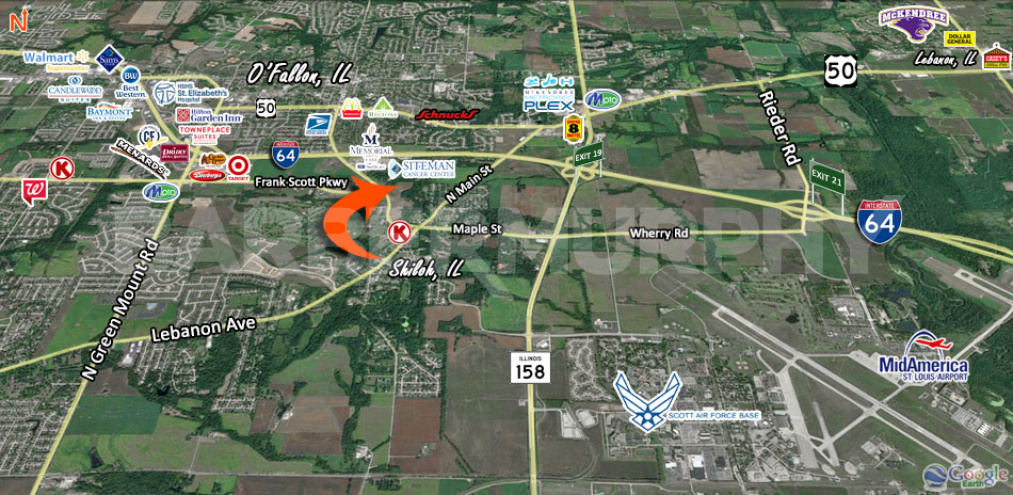 Expanded Area Map for Commercial Development Site in Shiloh, IL, at Cross St and Frank Scott Pkwy