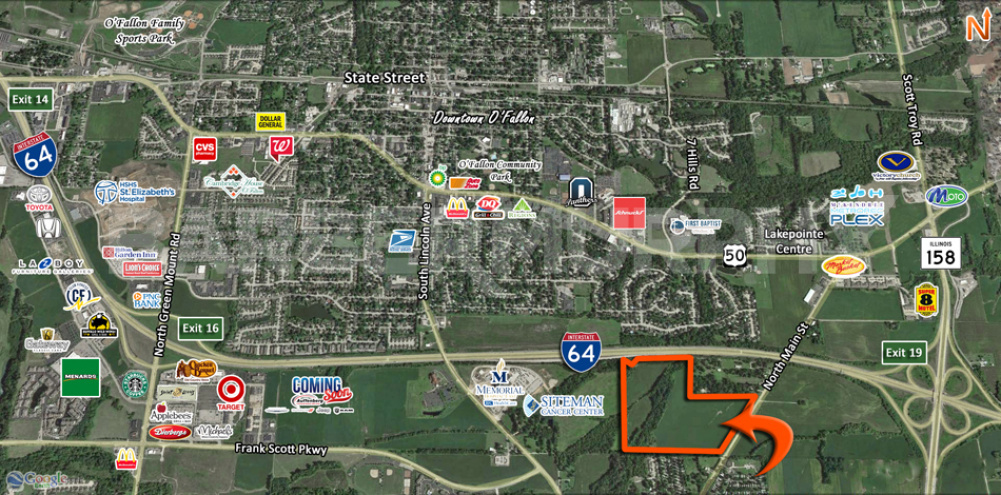 Area Map for 76.8 /- Acre Development Site with I-64 Frontage and neighboring Memorial  Hospital East and Siteman Cancer Center in Shiloh, IL